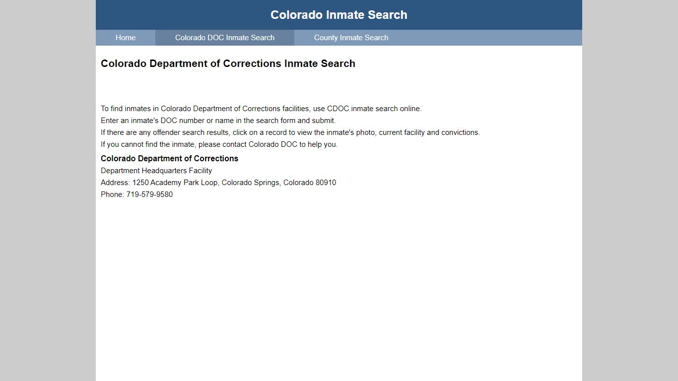 Colorado Department of Corrections Inmate Search